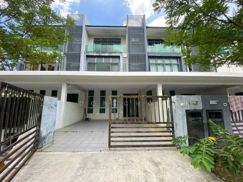 Exterior type: semi-detached house; features: two-storey building, glass balcony railings, horizontal louvre screens, concrete facade, grey tiled flooring, manicured landscaping, gated entrance, driveway, front porch, large windows, greenery surrounding the property; style: modern.