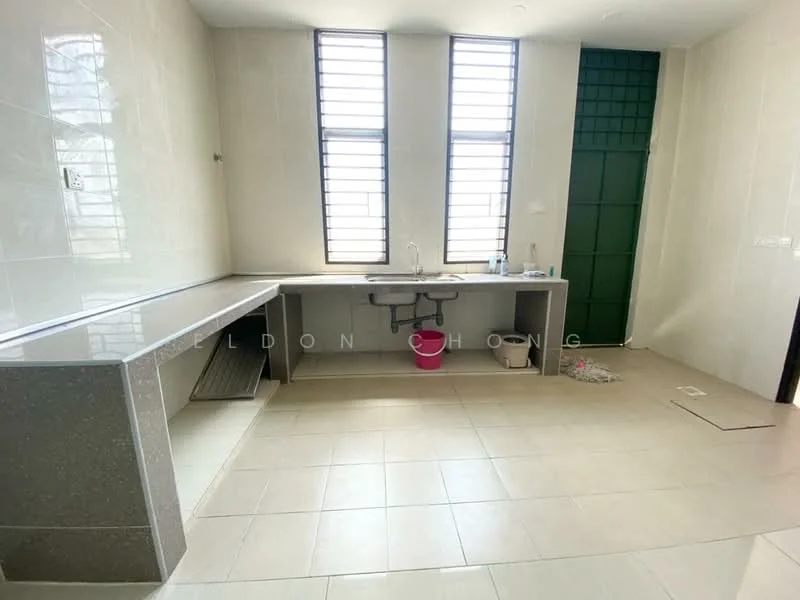 Kitchen features: grey granite countertop, single-bowl stainless-steel sink, chrome pull-down faucet, white tiled walls, light beige tiled flooring, two large windows, green door, open shelving, cabinets under countertop, plumbing visible, clean and minimalistic layout; style: modern.