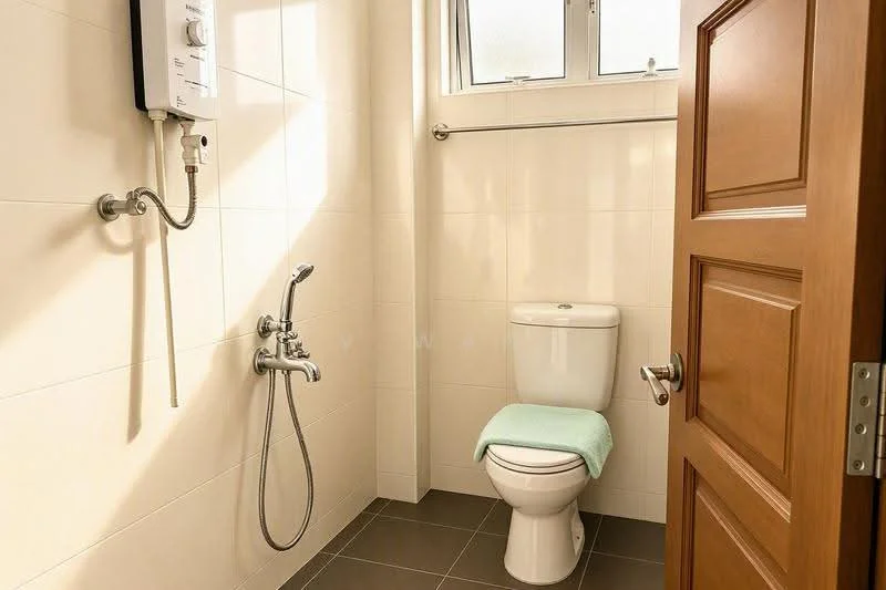 Bathroom features: white tiled walls, grey tiled flooring, one-piece toilet, chrome basin mixer, handheld shower, shower head, towel rail, window for natural light, wooden door; style: modern.