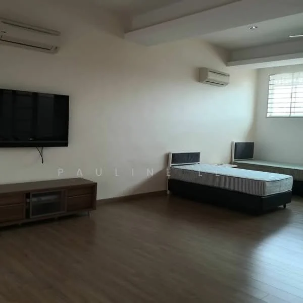 Bedroom features: wooden flooring, white painted walls, 2 wall-mounted split ACs, wall-mounted TV, TV console, 2 single beds, large window with blinds, ceiling with recessed lighting.
