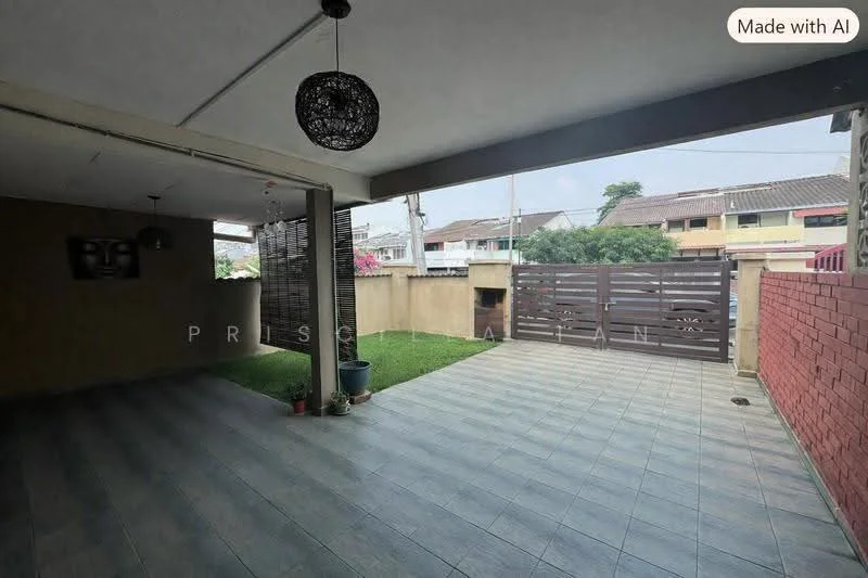 Room features: grey tiled flooring, exposed concrete walls, wooden slatted partition, hanging pendant light, manicured lawn, brick wall, sliding gate, outdoor space; style: modern; view: garden.