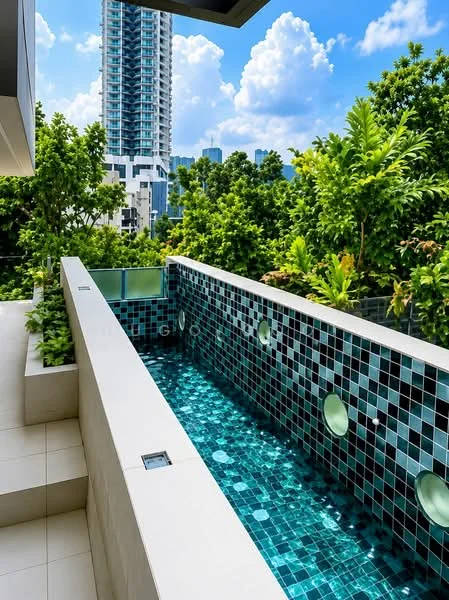 Exterior type: high-rise condominium; features: infinity pool, tiled pool with mosaic pattern, surrounded by tropical landscaping, glass railing, lush greenery, city skyline in background, blue sky with clouds; style: modern.