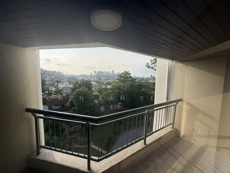 Room features: balcony with railing, view of city skyline, wooden ceiling, concrete walls, floor-to-ceiling windows; view: city.