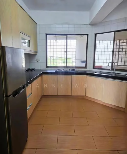 Kitchen features: L-shaped kitchen layout, black countertop, stainless-steel sink with gooseneck faucet, built-in gas hob, stainless-steel fridge, wood cabinetry with light finish, tile backsplash, window with grid pattern, ceramic tile flooring, natural light from window; style: modern; view: garden.