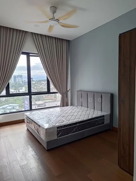 Bedroom features: queen-size bed, upholstered headboard, floor-to-ceiling windows, grey curtains, wooden flooring, 5-blade ceiling fan, decorative wall, city view; style: modern; view: city.