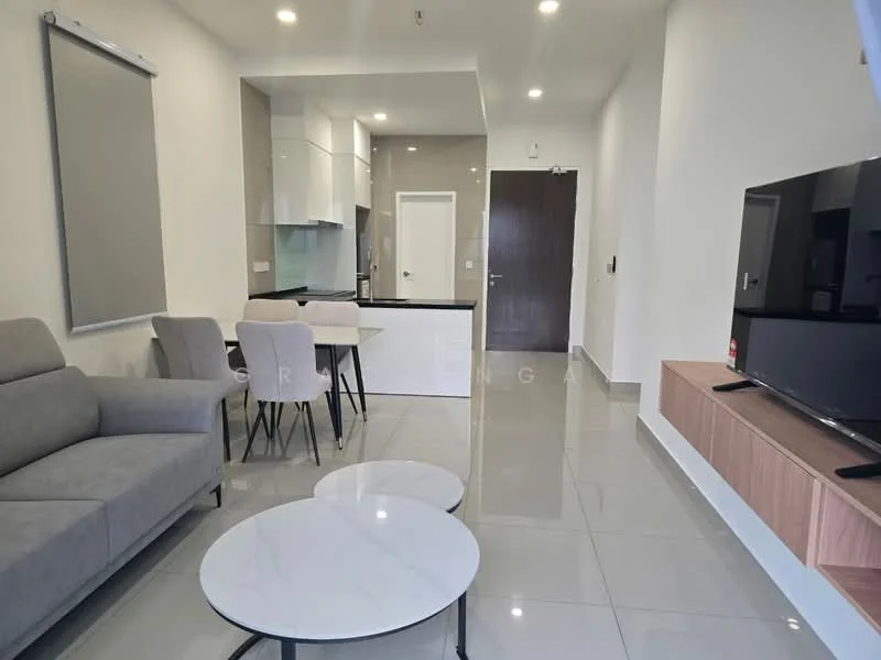 Living features: grey fabric sofa, 2 round coffee tables with marble tops, wall-mounted TV, TV console with wooden finish, open-plan layout to kitchen, white walls, glossy tile flooring, recessed lighting, large window with natural light; style: modern. Kitchen features: white cabinetry, black countertop, built-in oven, stainless-steel sink, chrome faucet, refrigerator, ceramic tile backsplash, open layout to living area; style: modern.