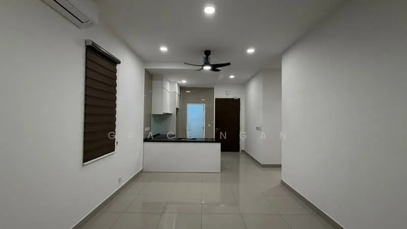 Living features: white painted walls, glossy ceramic tile flooring, 5-blade ceiling fan with light, recessed LED downlights, window with brown roller blinds, open kitchen layout, kitchen island with countertop, door leading to hallway; style: modern.