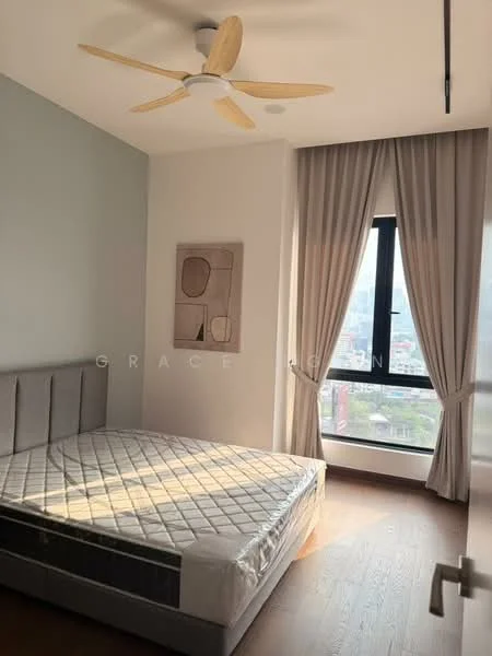 Bedroom features: queen-size bed, upholstered headboard, 5-blade ceiling fan with light, floor-to-ceiling window, sheer curtains, wooden flooring, framed artwork, natural light from window; style: modern; view: city.