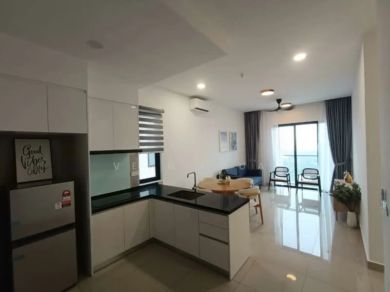 Kitchen features: white cabinetry, black granite countertop, stainless-steel fridge, built-in oven, 4-burner gas hob, single-bowl stainless-steel sink, chrome pull-down faucet, tile backsplash, recessed downlights, wall-mounted split AC, open shelving; style: modern; view: city. Living features: floor-to-ceiling windows, sliding glass door, curtains, ceiling fan, 2 chairs, round dining table, decorative plant, area rug; style: modern; view: city.