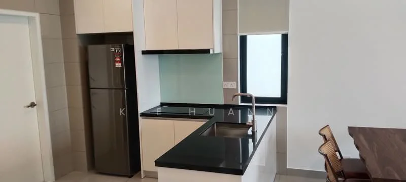 Kitchen features: white cabinetry, black granite countertop, stainless-steel fridge, single-bowl stainless-steel sink, chrome pull-down faucet, glass backsplash, built-in oven, ceramic tile flooring, recessed downlights, window with view to outside; style: modern.