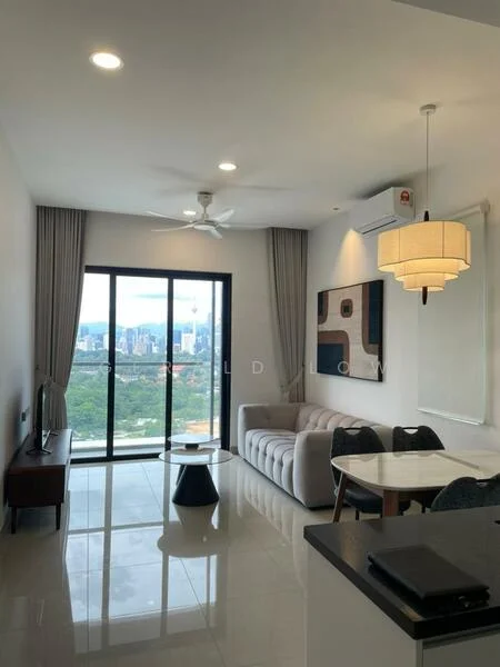 Living features: 3-seater fabric sofa in light grey, coffee table, TV console, wall-mounted TV, pendant lamp, 5-blade ceiling fan with light, floor-to-ceiling windows, curtains, marble tile flooring, decorative wall art, dining table with chairs, city skyline view; style: modern; view: city.