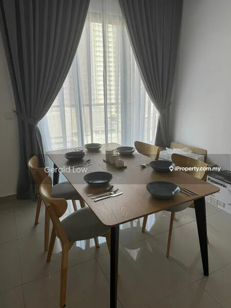 Dining features: wooden dining table, 4 wooden dining chairs, grey upholstered chairs, set of plates on the table, cutlery on the table, large window with sheer curtains, grey curtains, tile flooring, neutral wall color; style: modern; view: city.