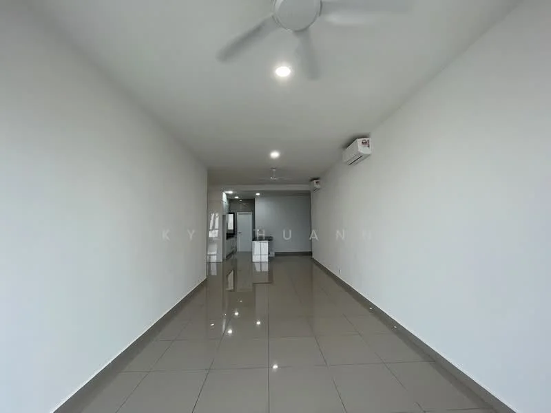 Room features: white painted walls, glossy ceramic tile flooring, recessed downlights, 2 wall-mounted split AC units, ceiling fan, open layout, no visible furniture or decor; style: modern.