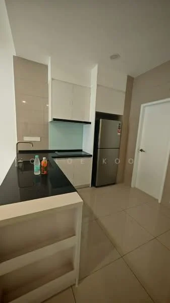 Kitchen features: white upper cabinets, flat-panel lower cabinets, black granite countertop, stainless-steel fridge, built-in sink, single-bowl stainless-steel sink, chrome pull-down faucet, ceramic tile flooring, white tiled backsplash, recessed downlights, open shelving, wall-mounted cabinets; style: modern.