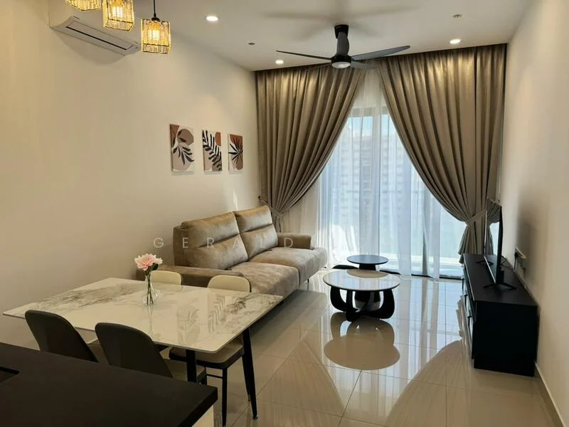 Living features: 3-seater fabric sofa in beige, coffee table with round top, TV console, wall-mounted TV, floor-to-ceiling windows, sheer curtains, recessed downlights, 5-blade ceiling fan with light, decorative wall art, glossy tile flooring; style: modern; view: city.