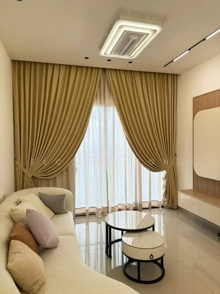 Living features: cream fabric sofa with cushions, round coffee table with black base, floor-to-ceiling windows, sheer curtains, golden drapes, recessed ceiling lights, wall-mounted air conditioning unit, light-colored wall paneling, glossy tile flooring; style: modern; view: city.