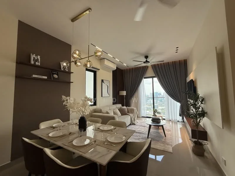Dining features: 6-seater dining table with marble top, upholstered dining chairs, pendant lighting with multiple bulbs, decorative wall shelf, floor-to-ceiling windows, curtains, area rug with neutral tones, plant in ceramic pot, sofa in light color, coffee table, wall-mounted TV, ceiling fan with light; style: modern; view: city.