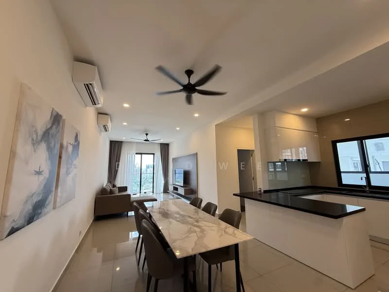 Living features: 5-blade ceiling fan with light, floor-to-ceiling windows, grey fabric sofa, marble dining table, upholstered dining chairs, white painted walls, recessed downlights, tile flooring, kitchen island with black countertop, built-in cabinetry, open-plan layout; style: modern; view: city.