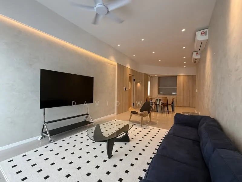 Living features: 3-seater fabric sofa in navy blue, coffee table with unique design, large flat-screen TV on stand, wall-mounted air conditioning units, recessed LED downlights, light-colored walls with textured finish, polished tile flooring, area rug with geometric pattern, open layout leading to dining area; style: modern.