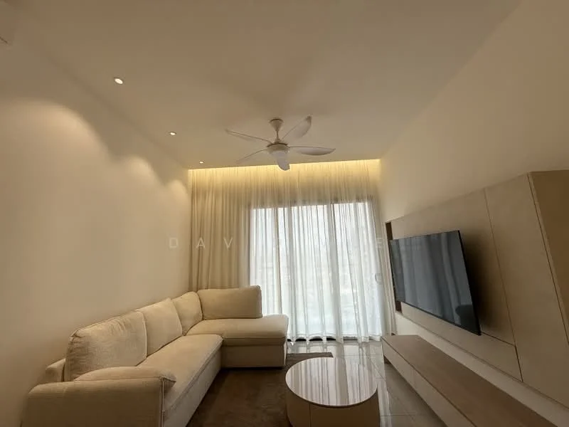 Living features: 3-seater fabric sofa in cream, round coffee table, wall-mounted TV, TV console, 5-blade ceiling fan with light, recessed downlights, floor-to-ceiling windows, sheer curtains, marble tile flooring, light-colored walls, decorative wall paneling; style: modern; view: city.