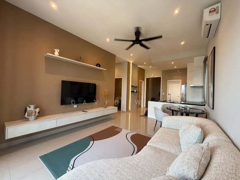 Living features: beige painted walls, recessed downlights, 5-blade ceiling fan, wall-mounted TV, white media console, light-colored sectional sofa, area rug with geometric pattern, glass dining table, kitchen island, floor-to-ceiling windows, marble tile flooring, air conditioning unit; style: modern.