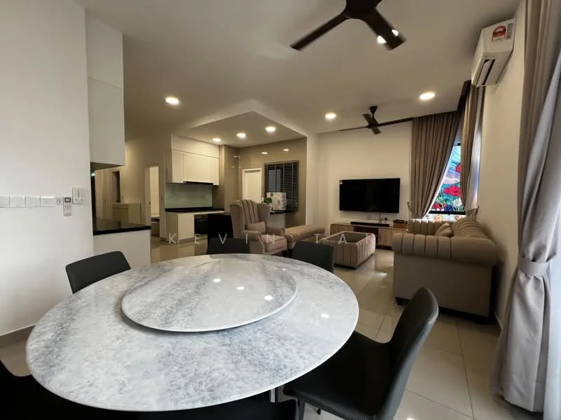 Living features: 3-seater fabric sofa in beige, 2-seater fabric sofa in beige, coffee table with marble top, wall-mounted TV, TV console, area rug, ceiling fan with light, large window with sheer curtains, recessed downlights, wall-mounted air conditioning unit; style: modern. Dining features: round dining table with marble top, 4 black dining chairs, open layout to living area, tile flooring, decorative wall art; style: modern. Kitchen features: white cabinetry, stainless-steel appliances, built-in oven, ceramic cooktop, kitchen island, tile backsplash, double-bowl stainless-steel sink, chrome pull-down faucet; style: modern.