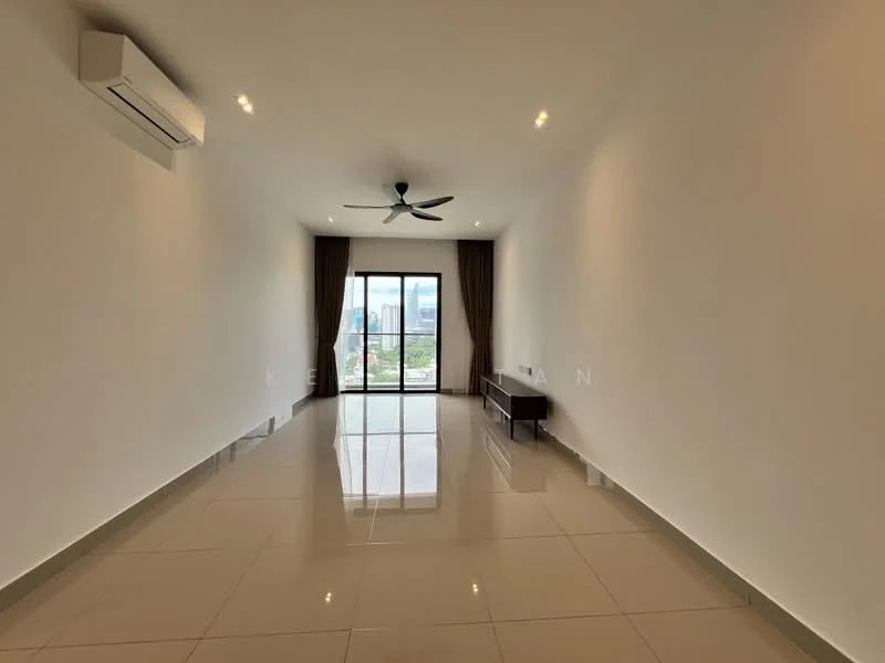 Living features: large floor-to-ceiling windows, sliding glass door, grey curtains, white painted walls, polished ceramic tile flooring, 5-blade ceiling fan with light, wall-mounted split AC, minimalist decor, neutral color palette, small wooden table, recessed downlights; style: modern; view: city.