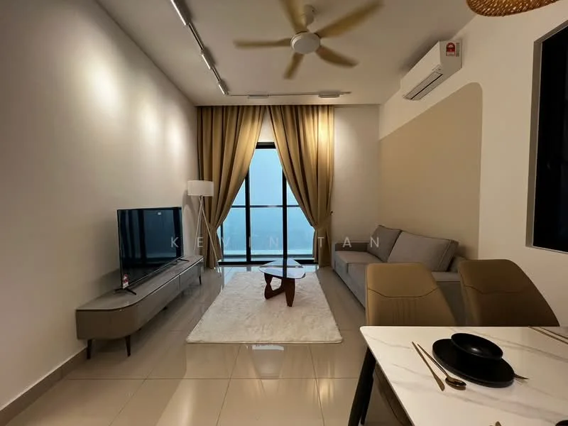 Living features: 3-seater fabric sofa in light grey, coffee table with unique design, TV console with flat-screen TV, floor-to-ceiling windows, sheer curtains, recessed LED downlights, ceiling fan with light, marble tile flooring, area rug, decorative wall panel, wall-mounted air conditioning unit; style: modern; view: city.