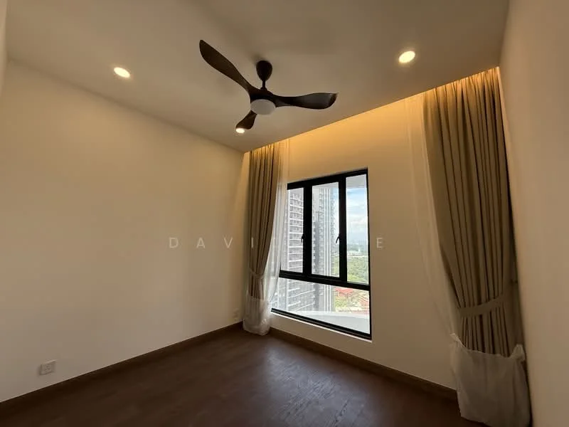 Room features: white painted walls, wooden flooring, 5-blade ceiling fan with light, floor-to-ceiling window, sheer curtains, city view; style: modern; view: city.