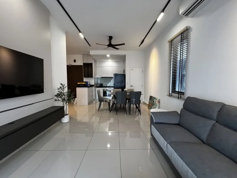Living features: grey fabric sofa, 3-seater sofa, wall-mounted TV, black TV console, recessed ceiling lights, 5-blade ceiling fan, large floor tiles, white painted walls, window with blinds, decorative plant in pot; style: modern. Dining features: 4-seater dining table, grey dining chairs, open kitchen layout, kitchen island, white cabinetry, black countertop; style: modern.