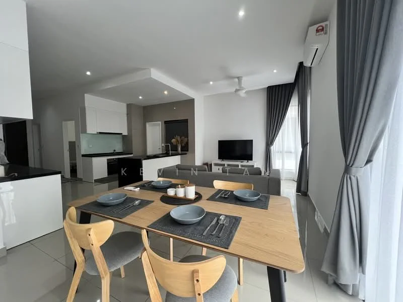 Dining features: wooden dining table, 4 wooden dining chairs, grey placemats, white ceramic plates, cutlery, decorative centerpiece, recessed downlights, large window with sheer curtains; style: modern. Living features: grey fabric sofa, flat-screen TV on console, light grey area rug, ceiling fan, floor-to-ceiling windows, curtains, wall-mounted decor, open layout to kitchen; style: modern. Kitchen features: white cabinetry, black countertop, stainless-steel sink, built-in oven, induction cooktop, refrigerator, open shelving, tile backsplash; style: modern.
