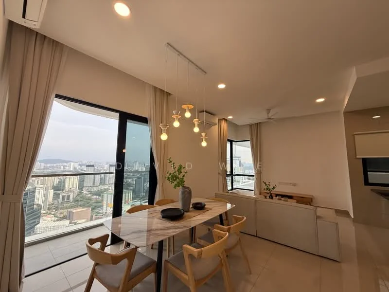 Dining features: marble dining table, 4 wooden dining chairs, pendant light fixture with multiple bulbs, floor-to-ceiling windows, curtains, city skyline view, ceiling fan, neutral wall colour, tile flooring; style: modern; view: city. Living features: sofa, coffee table, TV console, neutral wall colour, open layout to dining area; style: modern; view: city.