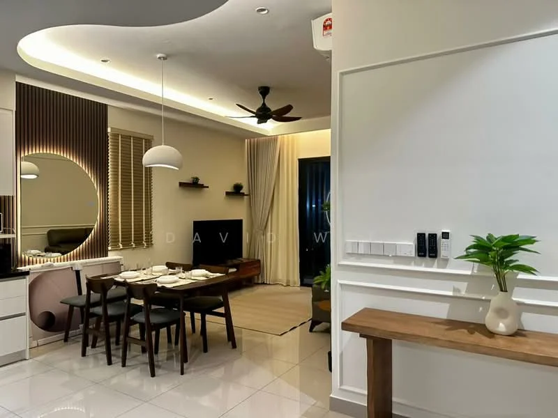Dining features: 6-seater dining table, black dining chairs, pendant lamp, recessed downlights, white walls, light-colored flooring, decorative mirror, TV console, wall-mounted TV, curtains, ceiling fan; style: modern. Living features: sofa, coffee table, area rug, TV console, wall-mounted TV, curtains, ceiling fan; style: modern.