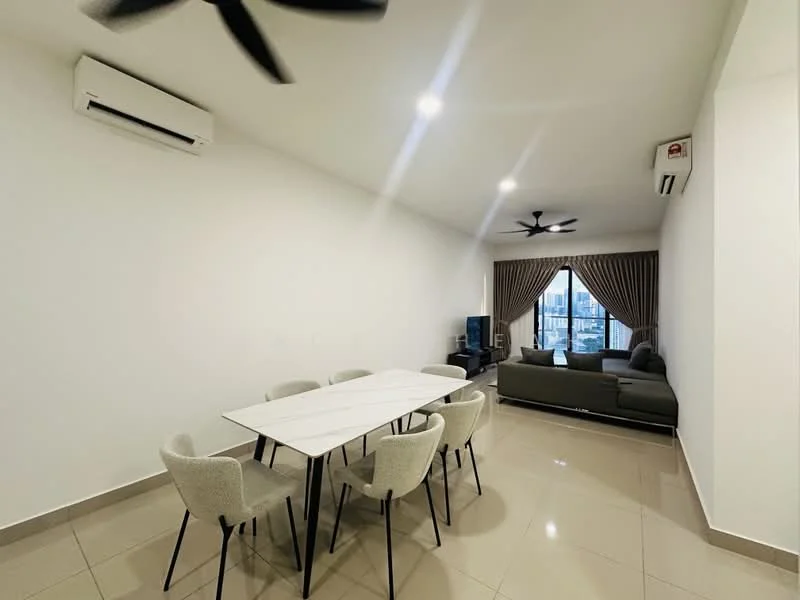 Dining features: white painted walls, glossy beige tile flooring, 5-blade ceiling fan with light, 6-seater dining table with white top, upholstered dining chairs in light grey, recessed LED downlights, air conditioning unit on wall, curtains in light brown, floor-to-ceiling windows with city view, sofa in grey fabric, TV console, decorative wall; style: modern; view: city.