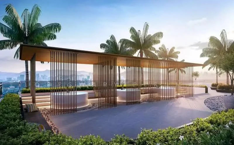 Exterior type: landscape garden; features: open pavilion structure, wooden slatted design, landscaped greenery, palm trees, stone-paved flooring, city skyline view, seating area with cushions, outdoor lighting, decorative rocks; style: modern.