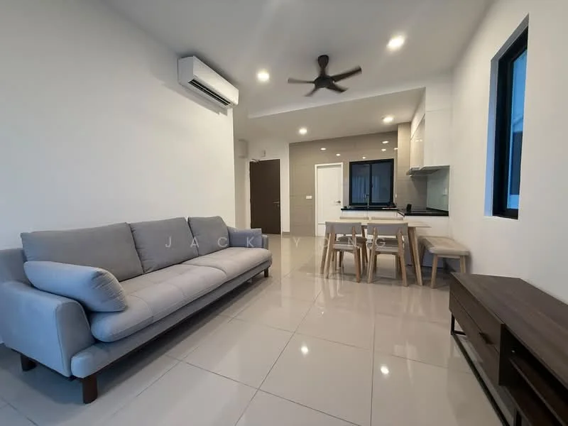 Living features: grey fabric sofa, coffee table, wall-mounted TV cabinet, dining table with chairs, recessed LED downlights, 5-blade ceiling fan with light, white painted walls, glossy ceramic tile flooring, large windows, air conditioning unit; style: modern.