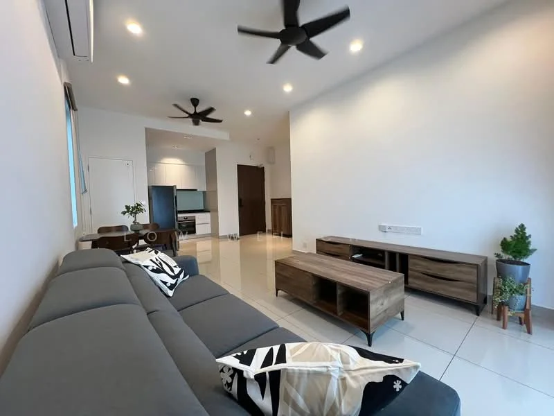 Living features: grey fabric 3-seater sofa, wooden coffee table, TV console with storage, wall-mounted TV, ceiling fan with light, recessed LED downlights, white painted walls, glossy tile flooring, decorative houseplant in pot, black and white decorative cushion; style: modern.