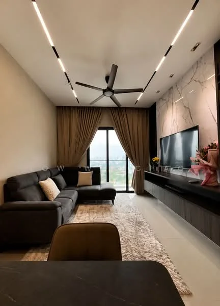 Living features: 3-seater fabric sofa in grey, area rug with geometric pattern, wall-mounted TV, TV console, 5-blade ceiling fan with light, floor-to-ceiling windows, sheer curtains, decorative plants in pots, recessed LED downlights, wall panel with marble finish, neutral painted walls, light-colored flooring; style: modern; view: city.
