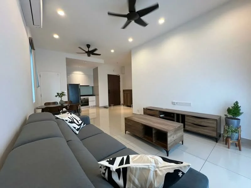 Living features: 3-seater fabric sofa in grey, coffee table in wood, TV console in wood, 2 ceiling fans, white painted walls, tile flooring, recessed LED downlights, decorative plant in pot, black and white decorative cushion; style: modern. Kitchen features: kitchen cabinetry in wood, stainless-steel appliances, open layout to living area; style: modern.