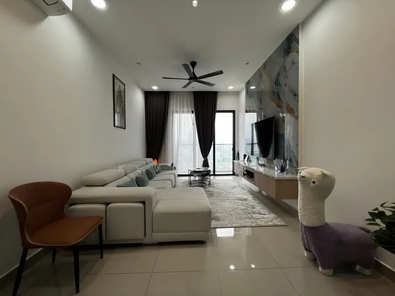 Living features: 3-seater fabric sofa in white, 2-seater fabric sofa in grey, area rug with geometric pattern, wall-mounted TV, TV console with storage, floor-to-ceiling windows, sheer curtains, 5-blade ceiling fan with light, decorative wall with marble finish, potted plant, accent chair in brown, decorative llama statue; style: modern; view: city.