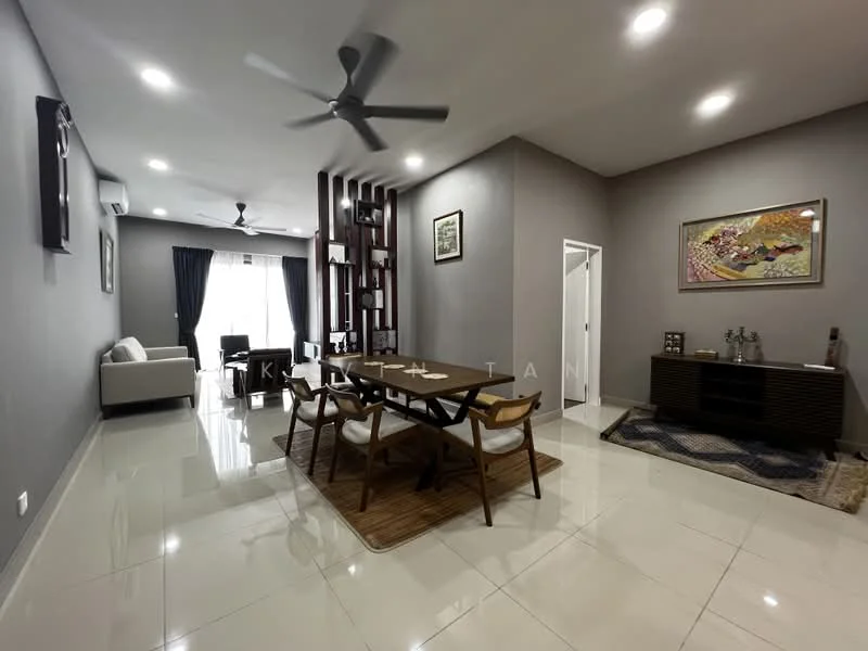 Dining features: 6-seater dining table, wooden dining chairs, area rug with geometric pattern, recessed downlights, grey painted walls, white ceiling, floor-to-ceiling windows with sheer curtains, wall-mounted TV, decorative wall art, open shelving unit, sofa in light fabric, ceiling fan; style: modern. Living features: sofa in light fabric, coffee table, TV console, recessed downlights, grey painted walls, white ceiling, floor-to-ceiling windows with sheer curtains, decorative wall art, ceiling fan; style: modern.