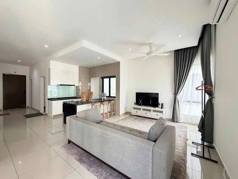 Living features: 3-seater fabric sofa in light grey, coffee table, TV console, wall-mounted TV, area rug with geometric pattern, 5-blade ceiling fan with light, floor-to-ceiling windows, sheer curtains, marble tile flooring, recessed downlights, decorative mirror, wall clock; style: modern; view: garden. Kitchen features: white cabinetry, black countertop, bar stools, built-in oven, stainless-steel sink, chrome pull-down faucet, glass backsplash, recessed lighting; style: modern.