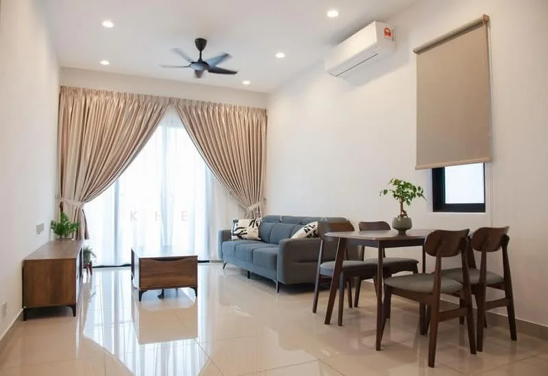 Living features: 3-seater fabric sofa in grey, wooden coffee table, 4-seater dining table, 4 wooden dining chairs, floor-to-ceiling windows, sheer curtains, recessed LED downlights, ceiling fan, wall-mounted split AC, cream painted walls, glossy tile flooring; style: modern.