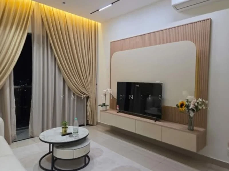 Living features: cream painted walls, wood panel accent wall, recessed LED downlights, floor-to-ceiling curtains, light-colored sofa, round coffee table with marble top, TV console with storage, wall-mounted TV, decorative flowers in vases, air conditioning unit; style: modern; view: city.