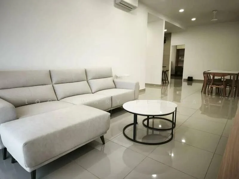 Living features: L-shape sectional sofa in light grey, round coffee table with black metal base, white walls, glossy ceramic tile flooring, recessed LED downlights, wall-mounted split AC, ceiling fan, dining table with chairs visible in background; style: modern.