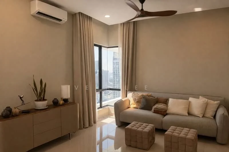 Living features: cream painted walls, glossy tile flooring, 5-blade ceiling fan, floor-to-ceiling windows, sheer curtains, light-colored fabric sofa, decorative cushions, wooden sideboard, decorative plants, coffee table, natural light from windows; style: modern; view: city.