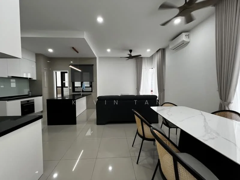 Living features: grey fabric sofa, marble dining table, black countertop, white cabinetry, stainless-steel appliances, recessed downlights, 5-blade ceiling fan, floor-to-ceiling windows with sheer curtains, glossy tile flooring, air conditioning unit; style: modern.