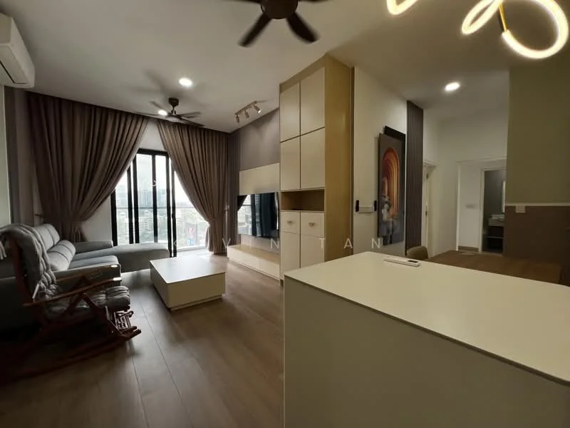 Living features: grey fabric sofa, white coffee table, wooden rocking chair, floor-to-ceiling windows, sheer curtains, recessed downlights, ceiling fan, wooden flooring, wall-mounted TV, built-in cabinetry, decorative wall art; style: modern; view: city. Kitchen features: white cabinetry, kitchen island with countertop, stainless-steel sink, built-in appliances; style: modern.