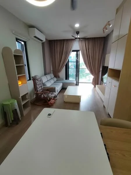 Living features: 3-seater fabric sofa in light grey, coffee table, TV console, wall-mounted TV, floor-to-ceiling windows, curtains in light brown, ceiling fan with light, wooden flooring, built-in shelving unit, decorative wall panel, air conditioning unit; style: modern; view: city.