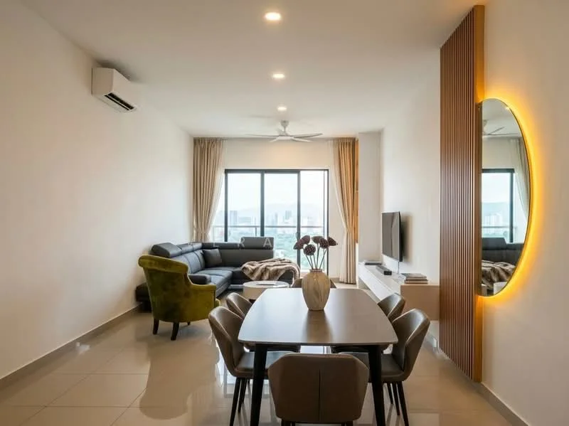 Living features: 3-seater fabric sofa in grey, green accent chair, coffee table, wall-mounted TV, TV console, area rug, floor-to-ceiling windows, curtains, 5-blade ceiling fan with light, recessed LED downlights, decorative mirror with backlighting, white painted walls, glossy tile flooring, decorative vase with flowers; style: modern; view: city.